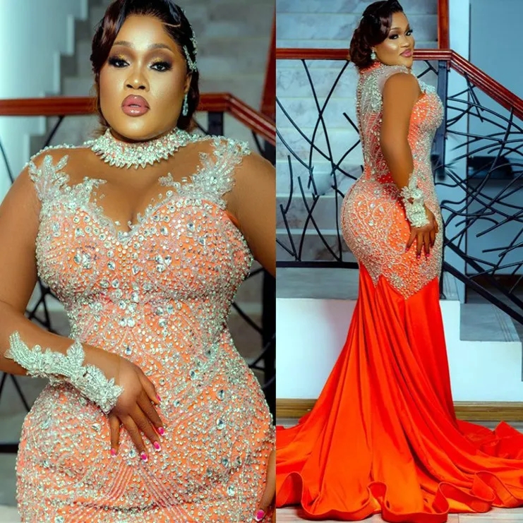 Orange aso ebi sirène mère de la mariée robes 2024 cristaux de la soirée perle du soir de fête d'anniversaire formel