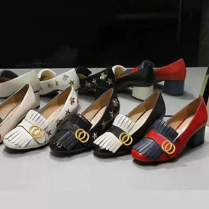 Classic womens Mid heeled boat shoe Designer shoe leather Thick heel high heels 100% cowhide Tassels Round head Metal Button women Dress shoes La-image-908922528