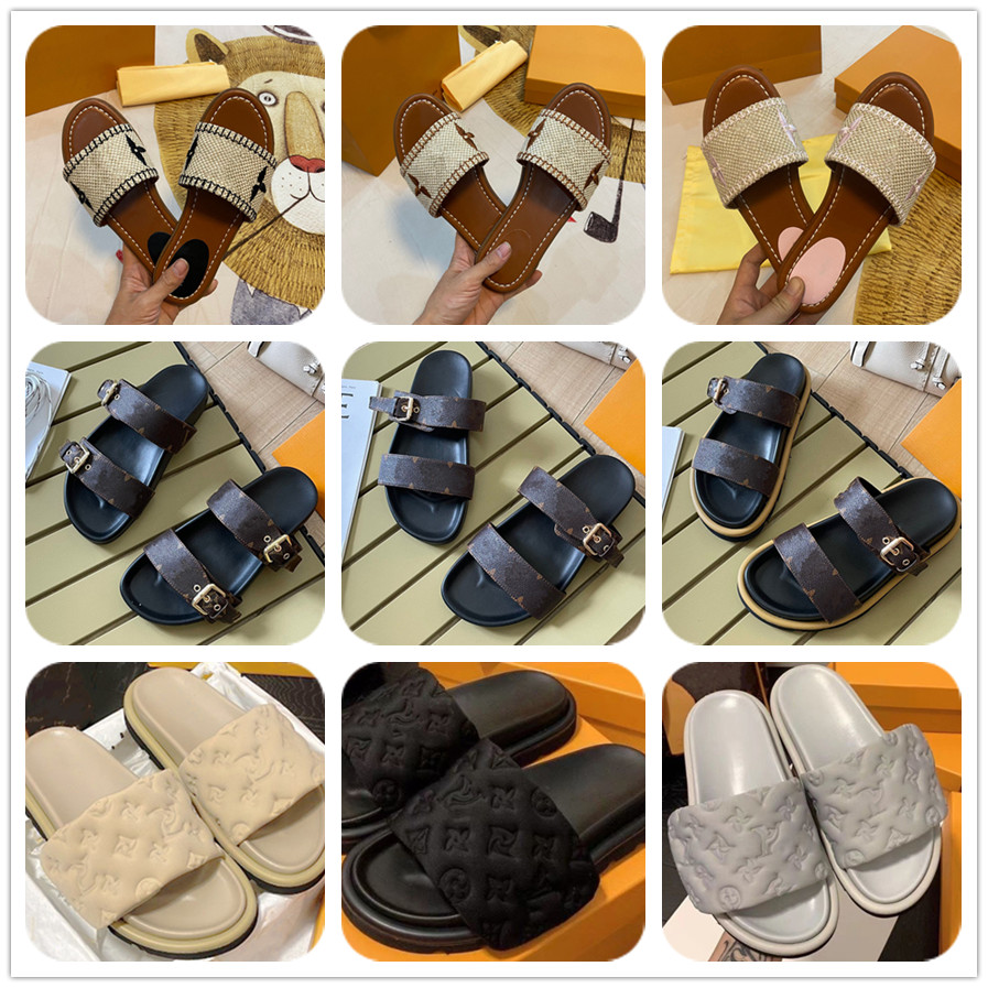 Summer Designer Women Slippers White Black Pink Mesh Embroidered Embossed Linen Beige Woody flip flop Flat Mule Slide Sandals Loe Luxury Greey grey Red 