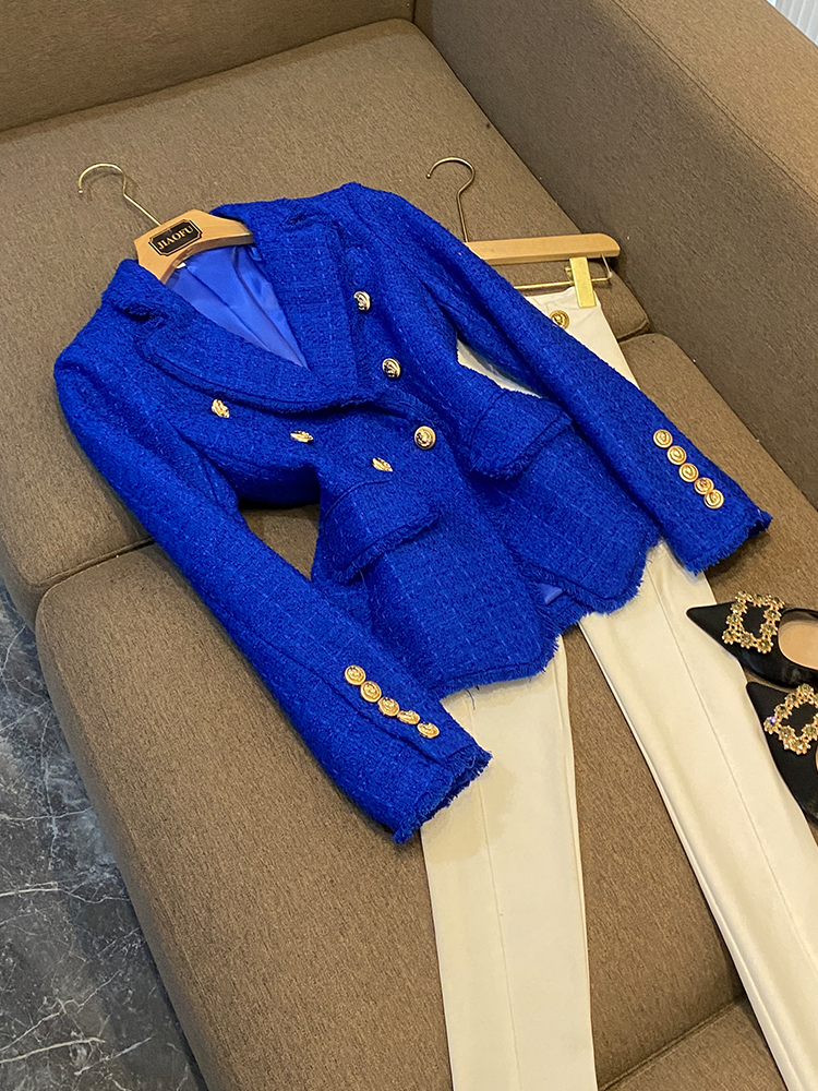 2023 Autumn Blue Solid Color Panelled Tassel Tweed Blazers Long Sleeve Notched-Lapel Buttons Double-Breasted Outwear Coats O3O072542-image-908834952