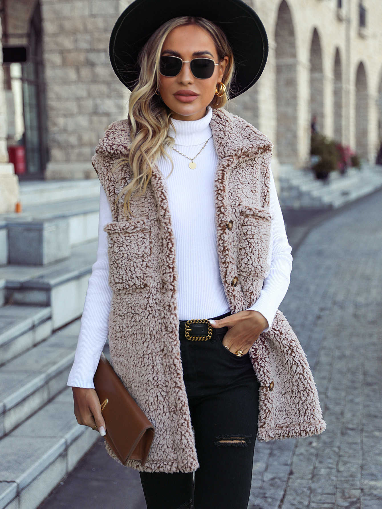 Fleece women's autumn and winter lapel sleeveless long loose casual faded bubble fleece cardigan vest T231009