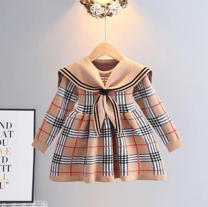 Baby Girls Knitted Plaid Sweaters Dresses Spring Autumn Girl Long Sleeve Princess Dress Kids College Style Knitting Dress 2-7 Years Great Quality-image-909085643
