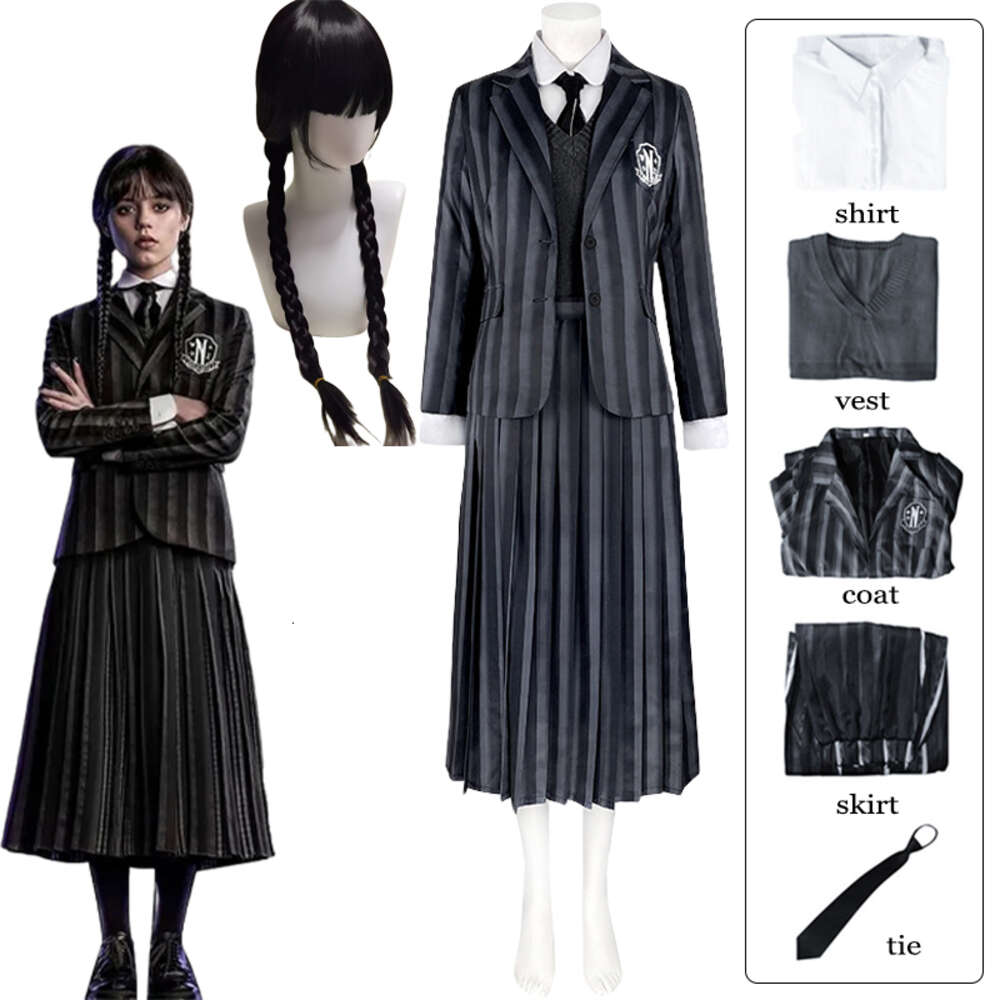 Costume de Cosplay de Wednesday Addams, Jenna Ortega, uniforme de l'académie Nevermore, ensemble complet de perruque noire, Costumes d'halloween pour femmes