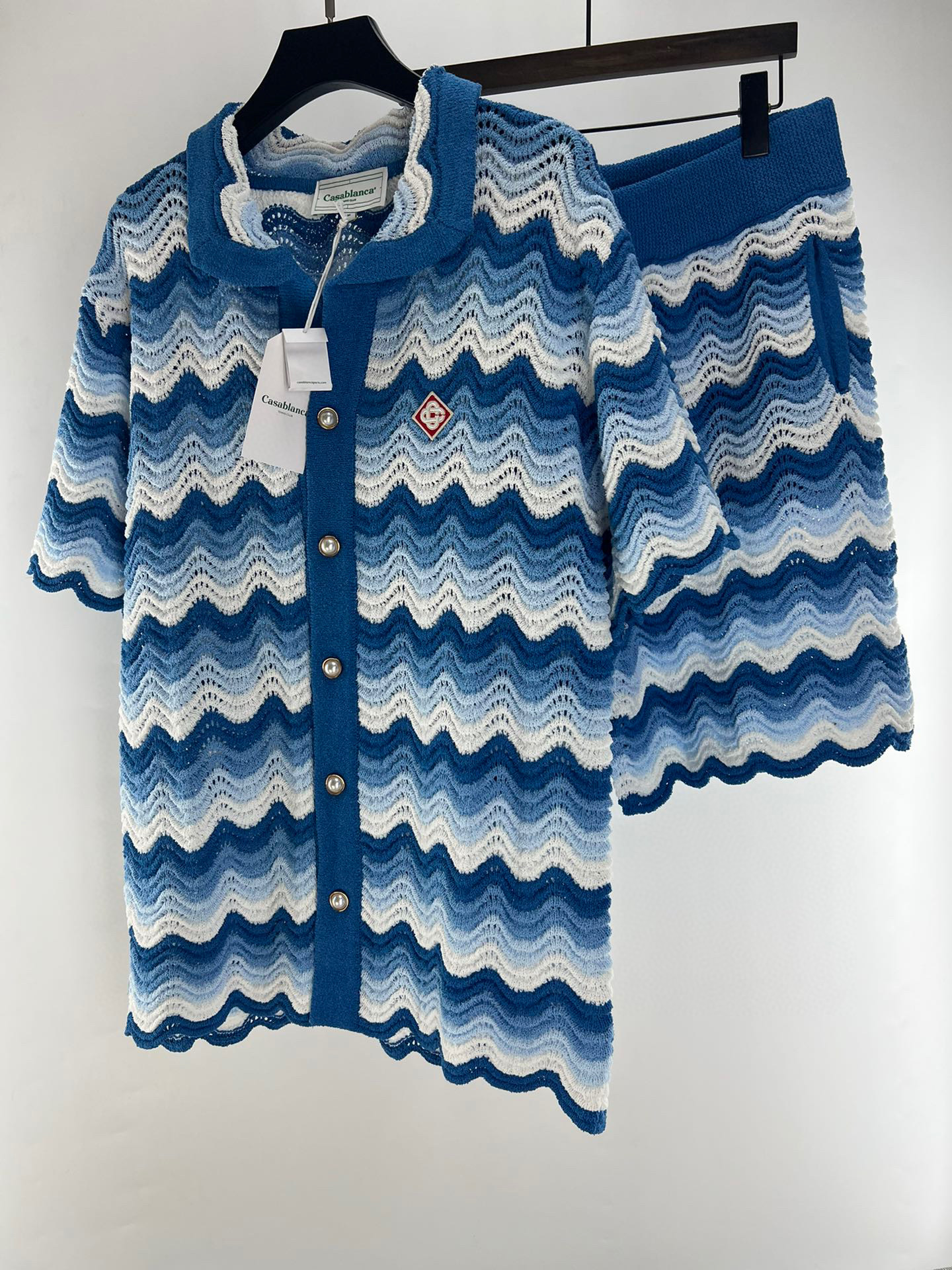 Designers Mens knitwear Women Luxurys CASABLANCA Shirt blue Hollow out Tee Men Casual knitwear loose short sleeves Street High quality Designer Top 