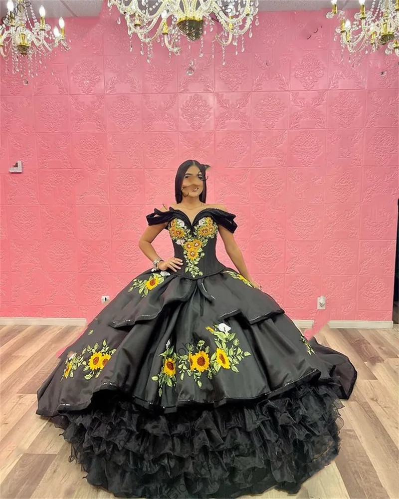 Mexico 2024 Off-Shoulder Quinceanera Dresses In Black With Yellow Embroidery Appliques, Sweet 16 Gowns For Prom And Parties