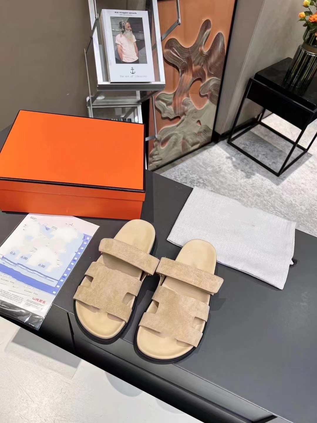 Top designer Chypre suede suede functional color matching sandal adjustable loop strap with orange box-image-909615454