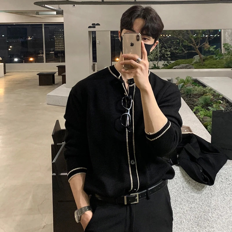 Mens Knitted Cardigan Sweater Solid Color Long Sleeve Casual Streetwear Patchwork Buttondown Vintage Knitwear 240930Z