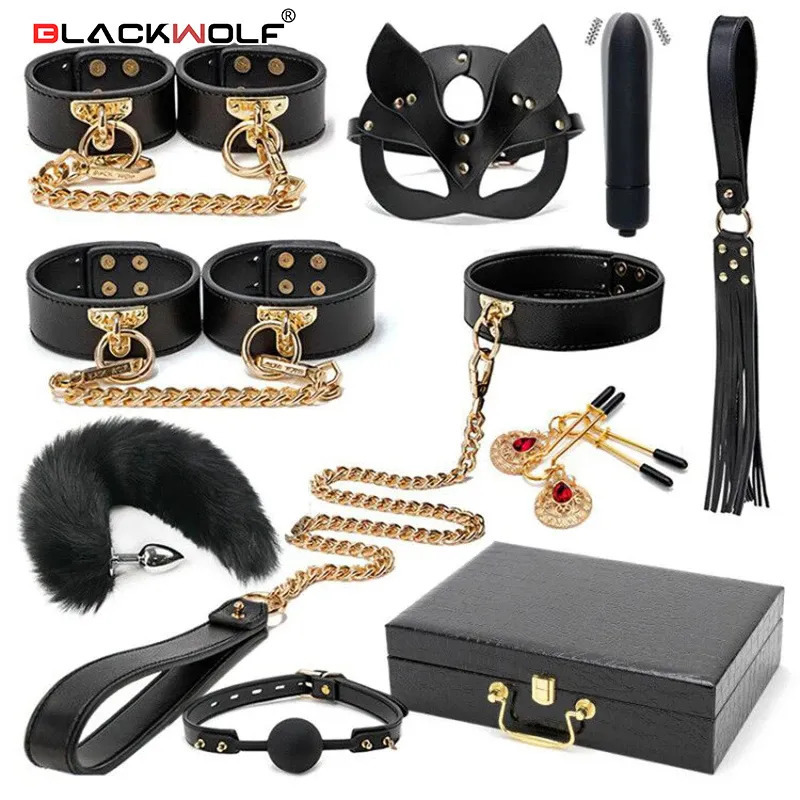 Adult Toys BLACKWOLF BDSM Bondage Kits Genuine Leather Restraint Set Handcuffs Collar Gag Vibrators Sex For Women Couples Games 231010-image-909877766