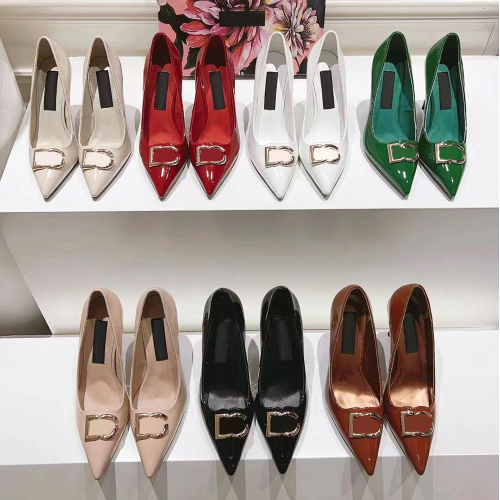 Designer shoes Patent Leather Heels Women Dress Shoes Luxury 10cm Letter metal buckle decoration Pointed Toes Pumps Bottom Party Stiletto Heel Ev-image-910227610