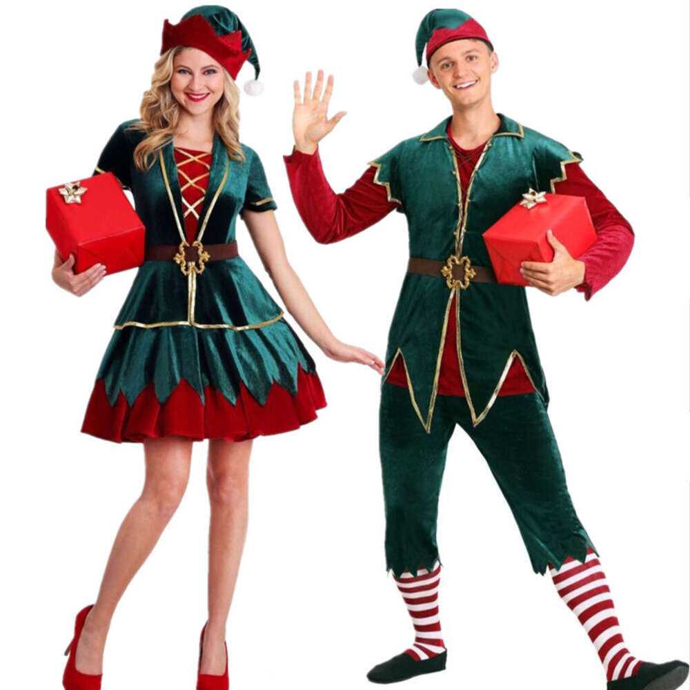 Costume d'elfe vert de noël pour hommes et femmes, Costume de fête Cosplay, Costume de Couple d'aide du père noël