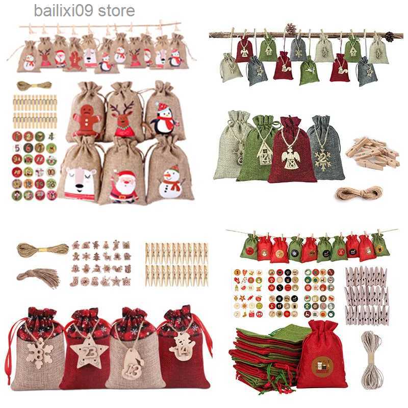 Christmas Decorations 24pcs Christmas Advent Calendar Bag Linen Wall Hanging Drawstring Bag With Clips Wooden Sign 2022 Christmas Countdown Adven-image-910595301