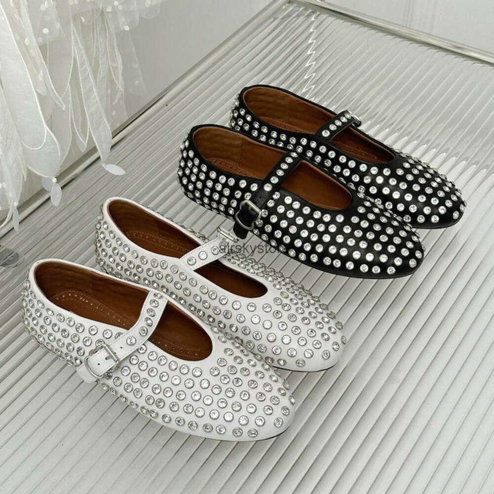 ALAIA chaussures femmes chaussure chaussures de créateur été tête ronde strass chaussures plates femmes luxe en cuir rivet boucle mary jane chaus