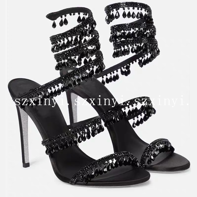 Top-Quality Fashion Rhinestone Tassel Women&#039;s High Heels 9.5cm Sandals with Snake Shaped Ankle Straps-image-910954995