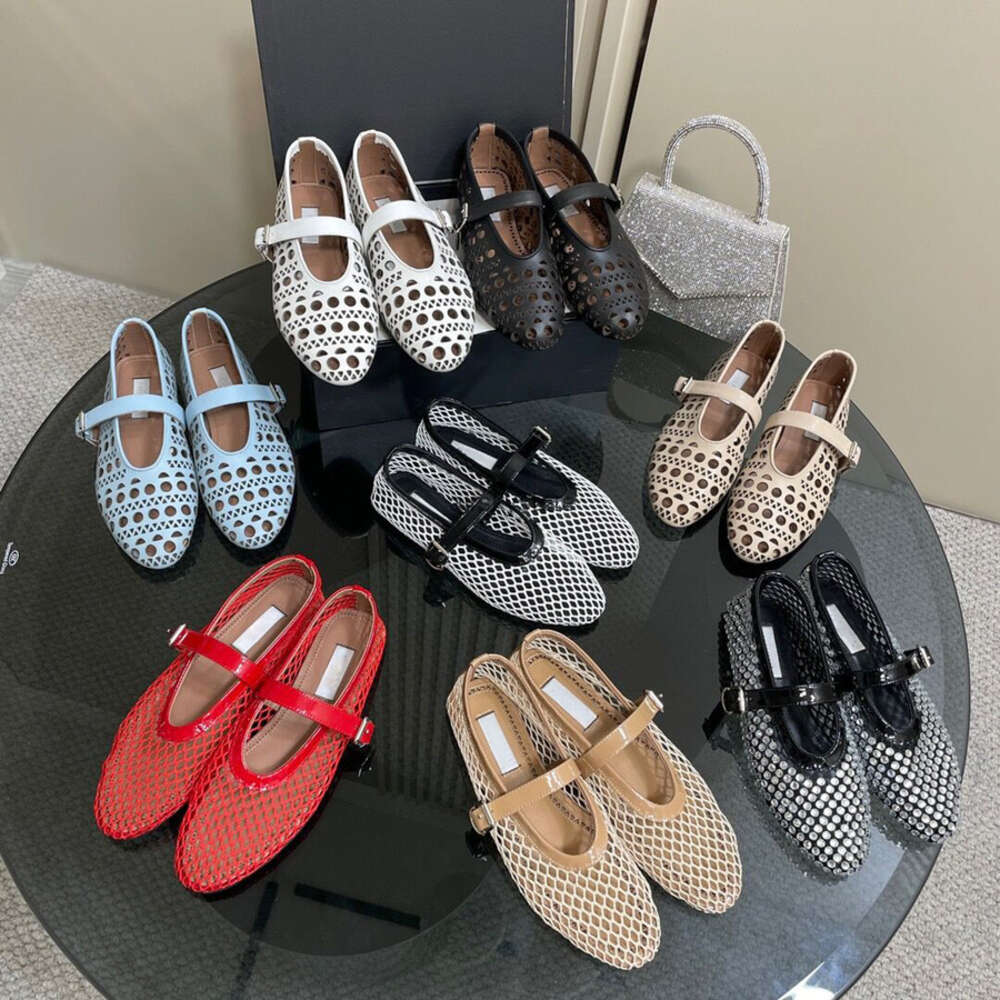 ALAIA chaussures maille ballerines chaussures habillées de créateur bout rond strass cuir rivet boucle chaussures plates maille Mary Jane chaussu