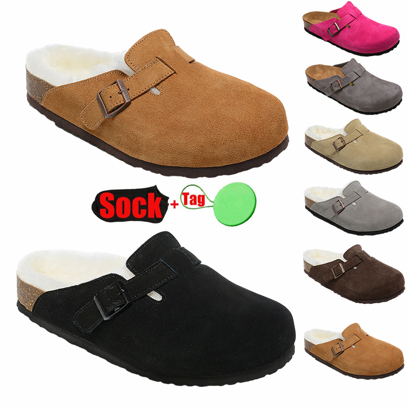 Shearling Suede Designer Slippers fur furry fluffy Stone Coin Black Grey Soft Footbed Oiled Leather Habana Brown Boston Clog Slides Warm Winter Shoe