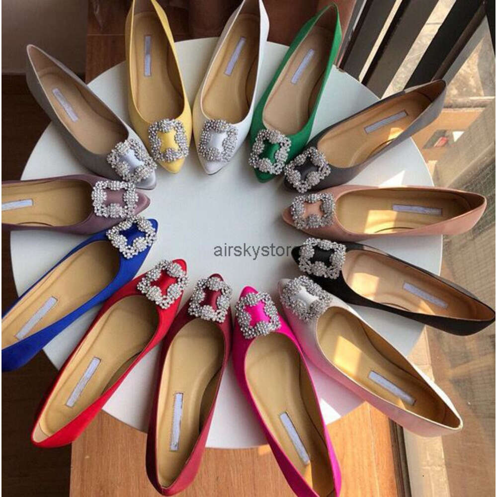 2022 New Classic Brand Pointed Flat Shoes Women's Buckle Flat-heeled Silk Satin Rhinestone Light Red Wedding Shoes 34-43