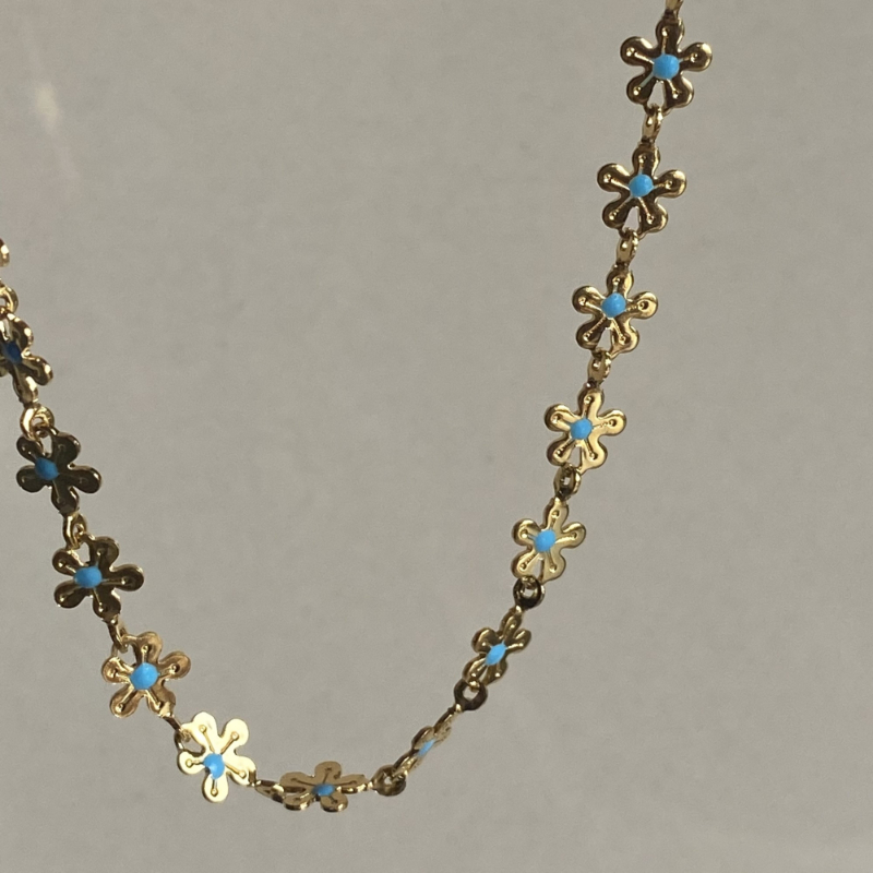 Winter Stainless Steel 18k Gold Plated Blue Flower Water Resistant Choker Chain Designer Necklace