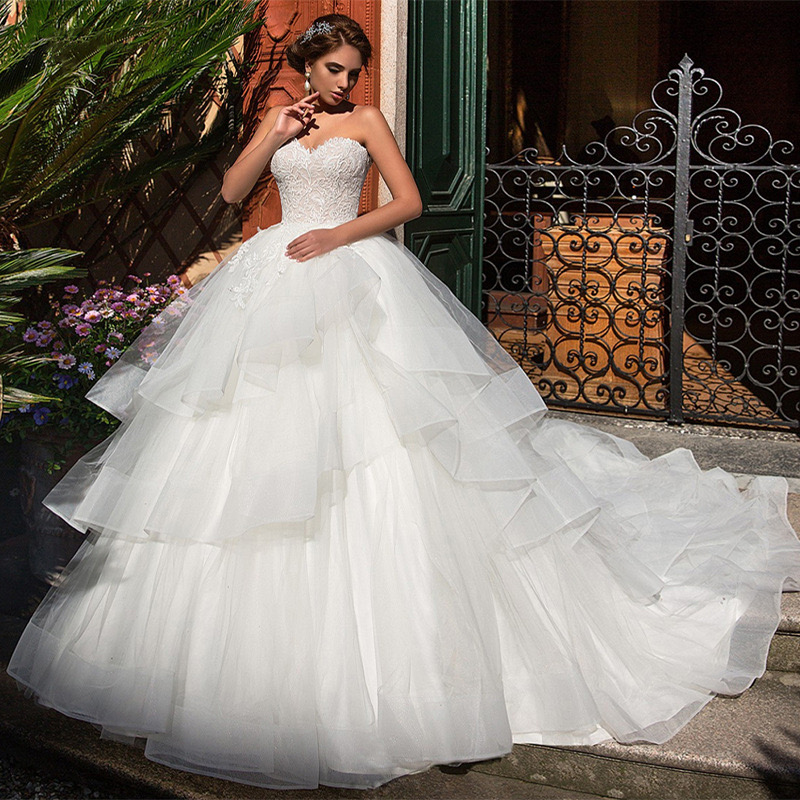 Luxury lace Ball Gown Wedding Dresses Sleeveless Bateau Halter Sequins Appliques Ruffles Bridal Gowns multilayer long train Formal Dress Plus Siz-image-911240253