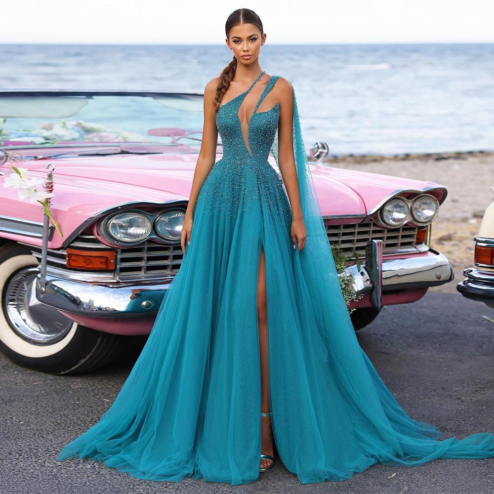 Gorgeous Beaded Prom Dresses Sequined Side Split Evening Gowns One Shoulder Plunging Neckline Sweep Train Special Occasion Formal Wear-image-911430853