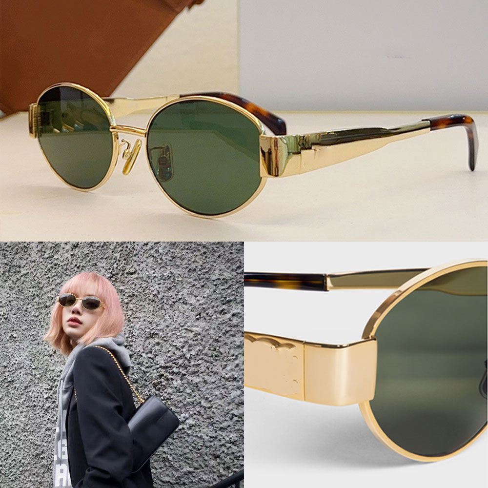 Triomphe lady Oval Frame Sunglasses CL40235 Womens Gold Wire Mirror Frame Green Lens Metal Mirror Leg Triplet Signature on Temple Official Origin-image-887187236