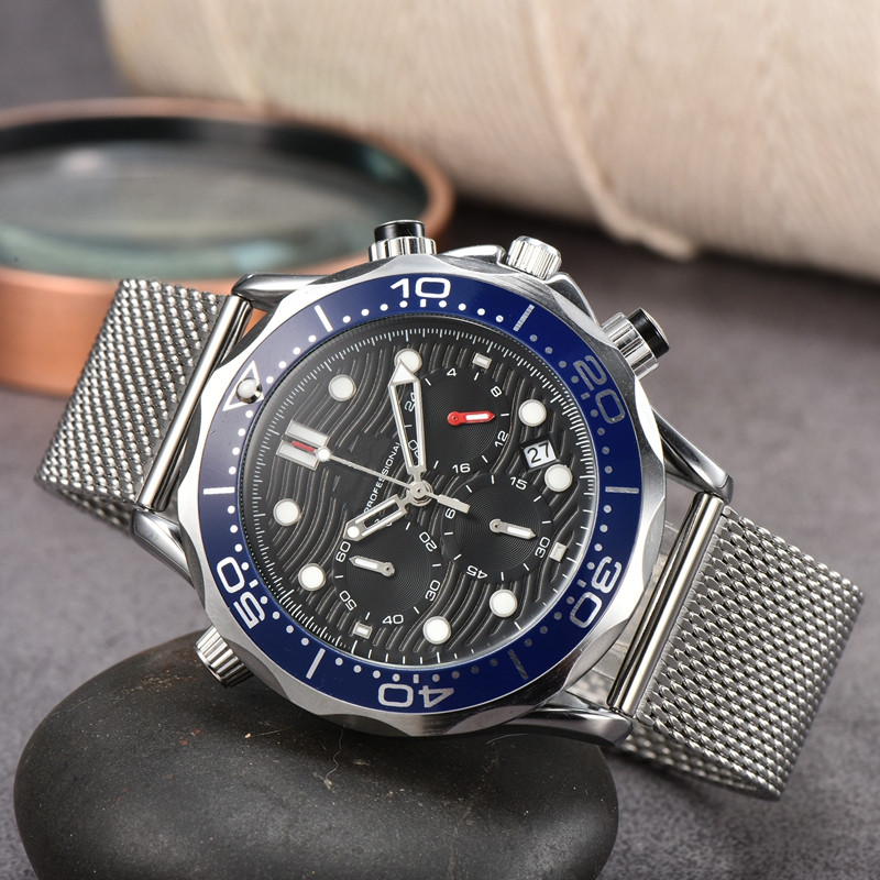 Omeg Wrist Watches for Men 2024 Mens Watches Six needles All dials work Quartz Wastch Top Luxury Brand Chronograph Clock Mesh Strap Fashion gift-image-911199356