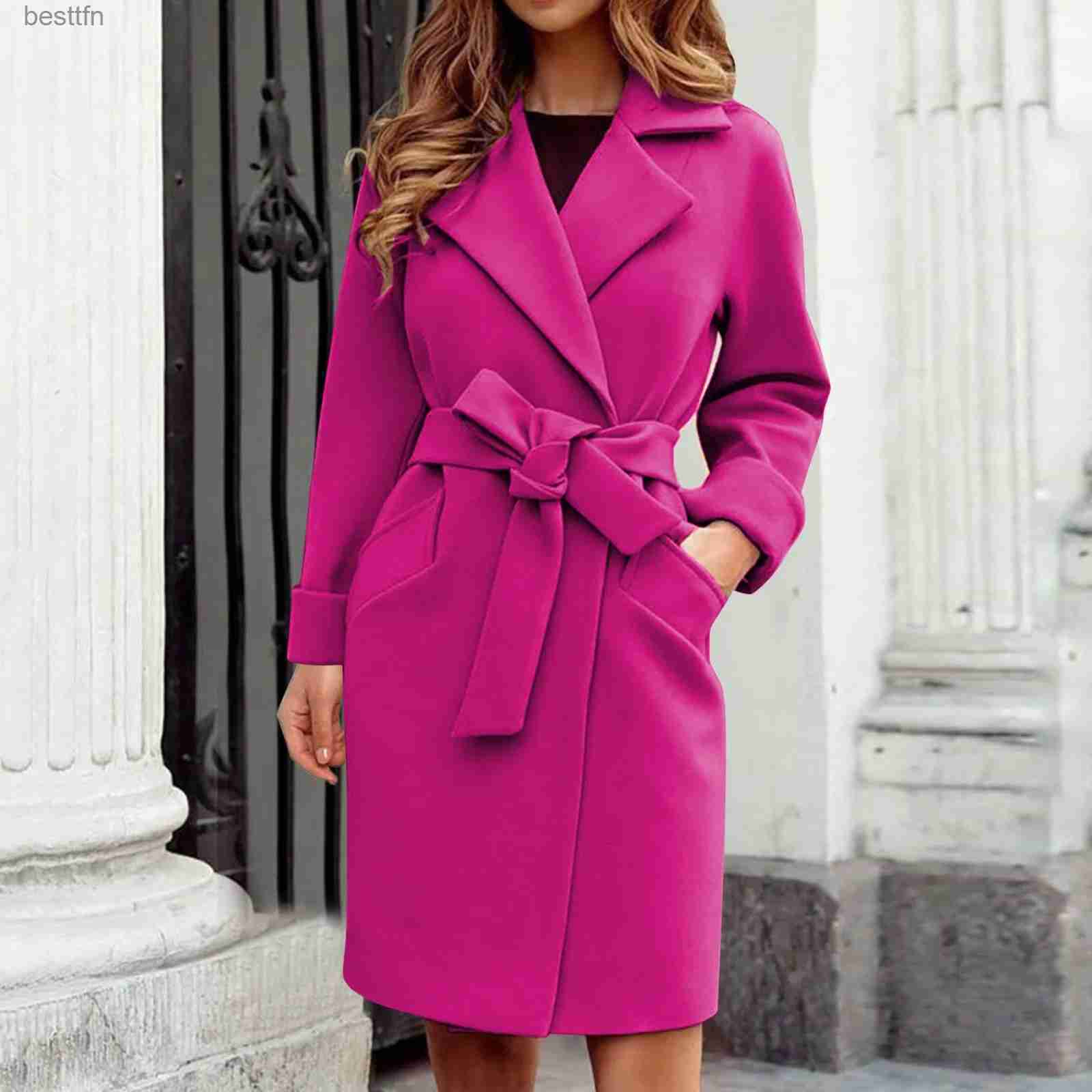 Mélanges de laine pour femmes Trench-Coat rose vif décontracté mi-long pardessus revers ouvert sur le devant Cardigan d'extérieur botte en laine