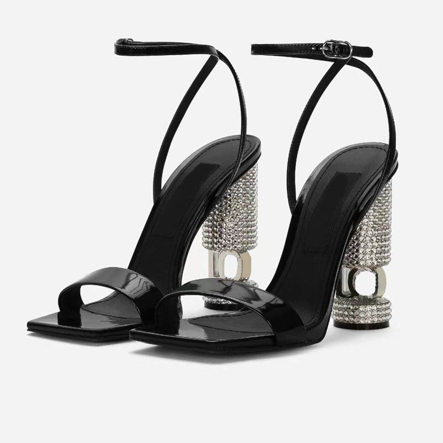Shiny calf leather sandals Women crystal encrusted Letter cylindrical heel Square Toes Chunky Heel dress shoes Luxury Designer shoes Ankle Strap-image-912294150