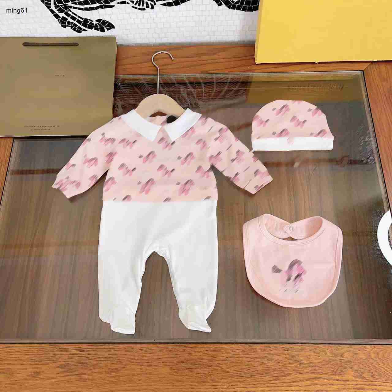 brand designer toddler clothes Baby bodysuit Comfortable material rompers Size 0-6 M 3pcs Splice design lapel jumpsuit hat saliva towel Aug24-image-913262253