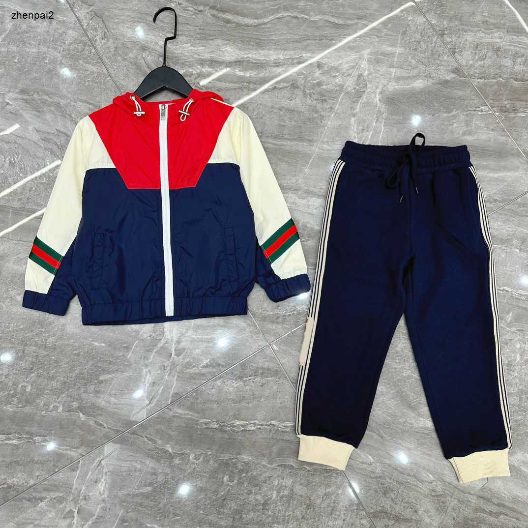 luxury kids designer clothes Tracksuits baby autumn suits Size 100-160 CM 2pcs patchwork design nylon fabric hooded jacket and pants Sep01-image-912914940