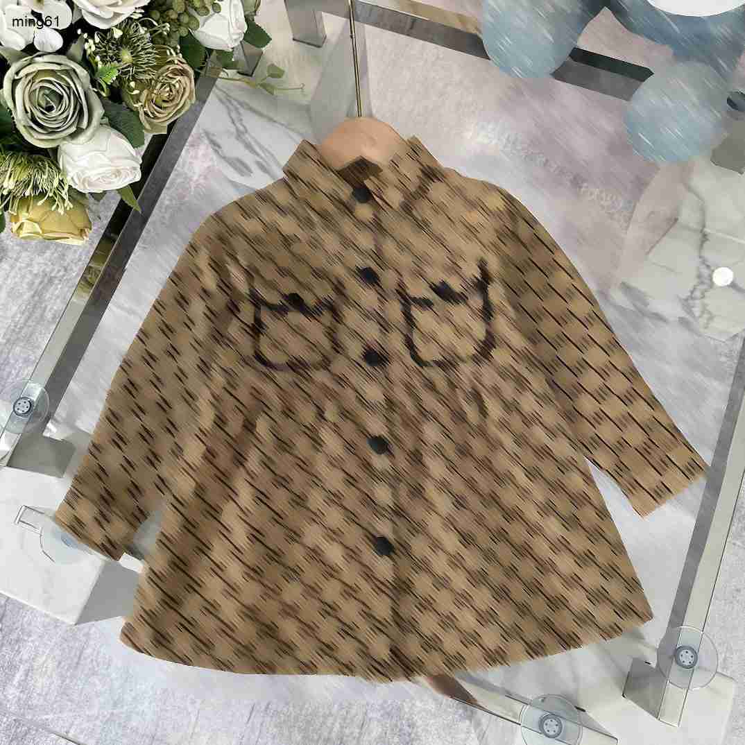 brand fashion girl Long sleeved dress designer baby clothes Grid Letter Full Print Kids frock Size 100-150 CM high quality lapel Child skirt Aug1-image-912880167