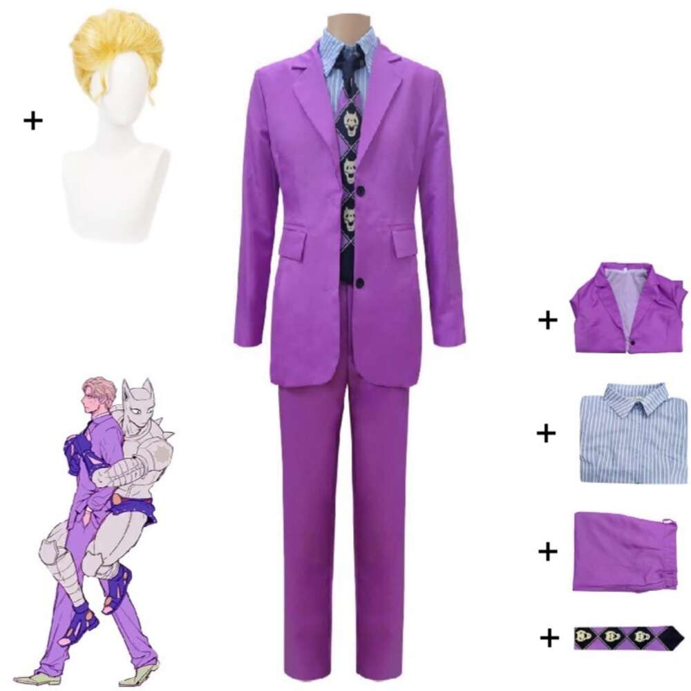 Cosplay Cosplay Kira Yoshikage disfraz Anime Jojo S Bizarre Adventure Diamond es irrompible Halloween Traje púrpura peluca para hombre mujer