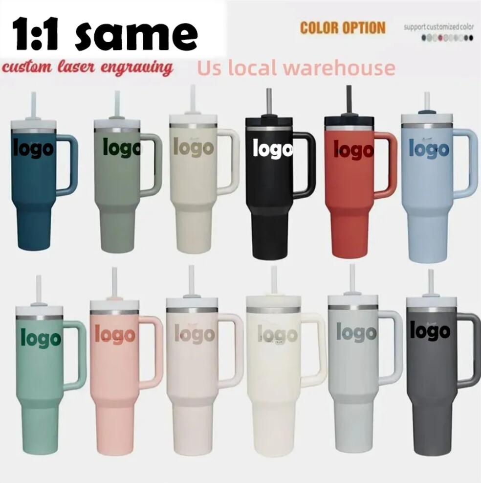 LOGO 40OZ H2.0 Tasses Gobelets en acier inoxydable Gobelet à isolation thermique de 40 oz de 2e génération avec poignée, couvercle et paille Tass