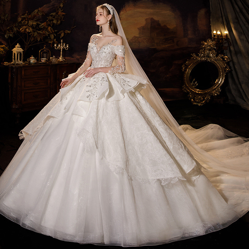 Dubai Arabic long sleeve wed dress Plus Size Sweetheart shiny gown crystal lace beaded Sweep Train Bridal Gowns 2023 vintage Bling Luxury Beading-image-913292486