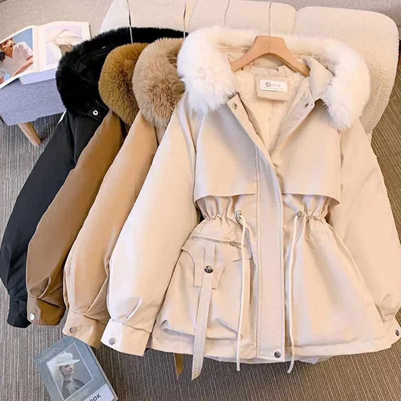 Down Parkas Jmprs Women Outwear Hooded Hairy Collar Thick Warm Cotton Clothes Korean Fall Winter Jacket Drawstring Zipper Lady Coat
