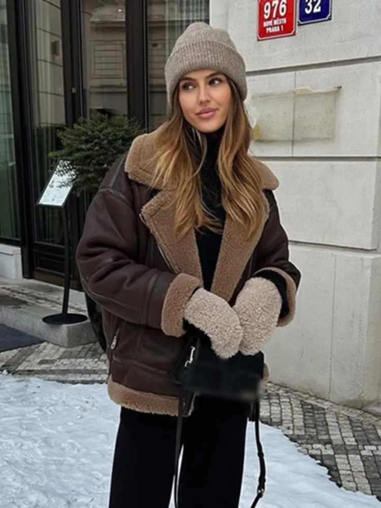 Womens Jackets Winter Women Warm Thick Fur Puleather Jacket Vintage Lapel Long Sleeved Zipper Overcoat Fashion High Street Female Coats 231018