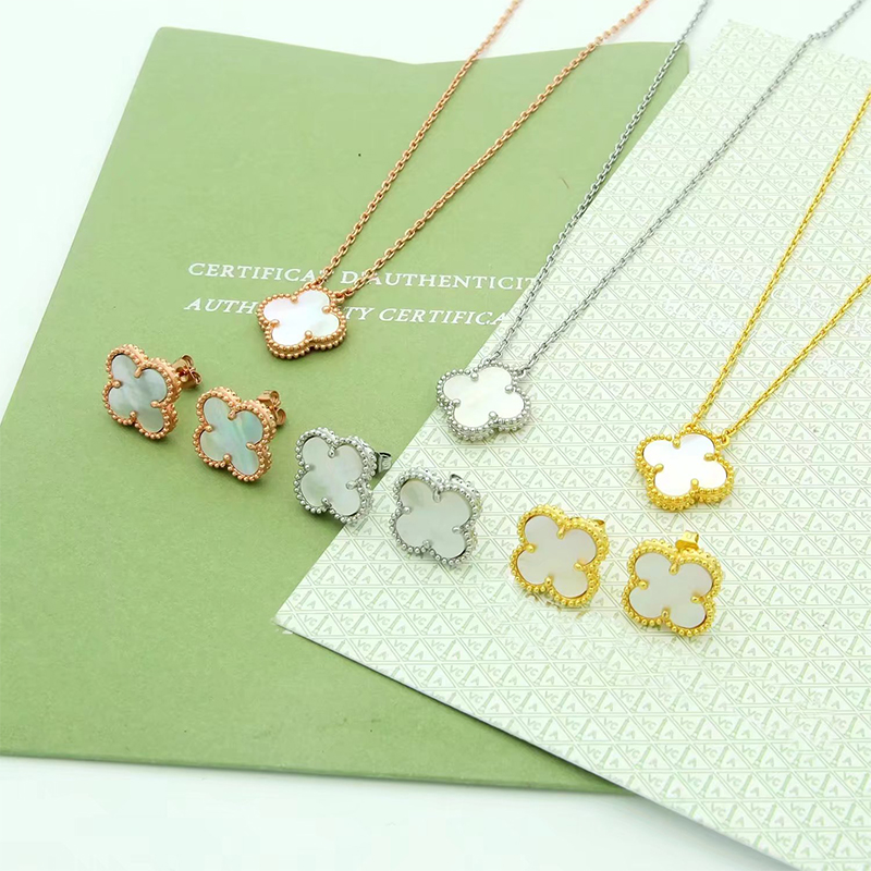 Classic Four leaf Clover Necklace&Earring Set Luxury Brand Natural Shell Clover Necklace for Women's Fashion Stainless Steel Designer Neckla