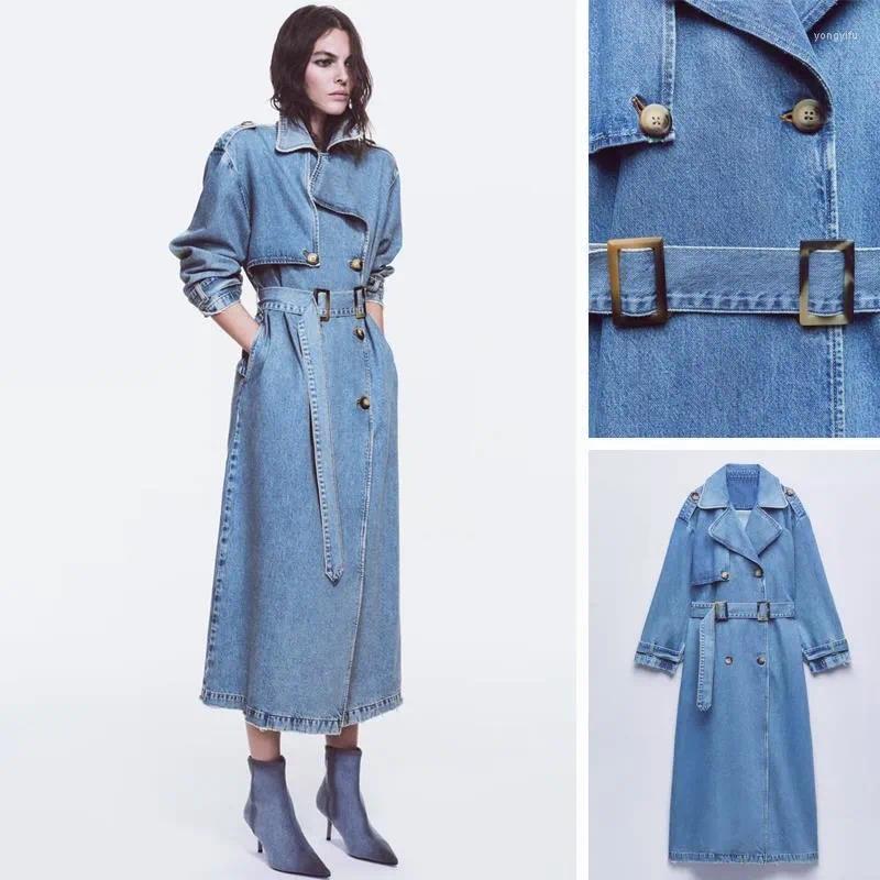 Womens Trench Coats European Style X-Long Denim For Women Belt On Waist Slim Jean Ladies Jaqueta Feminina Blue Jacket WomanX240905