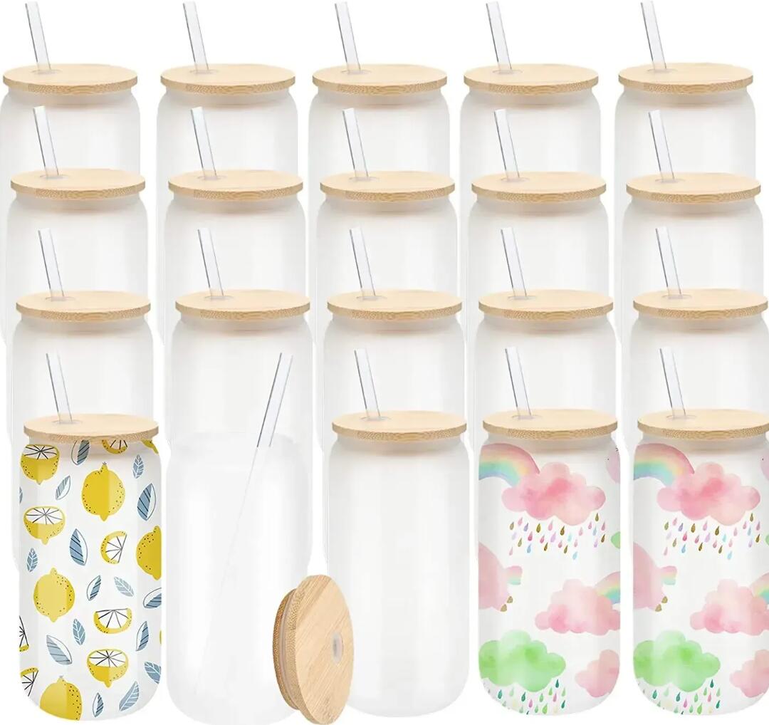 US CA Warehouse!!! ship in 24h 16oz Sublimation Frosted Glass Mugs Cup Blanks With Bamboo Lid Clear Beer Can Glasses Tumbler Mason Jar Plastic St-image-200332340