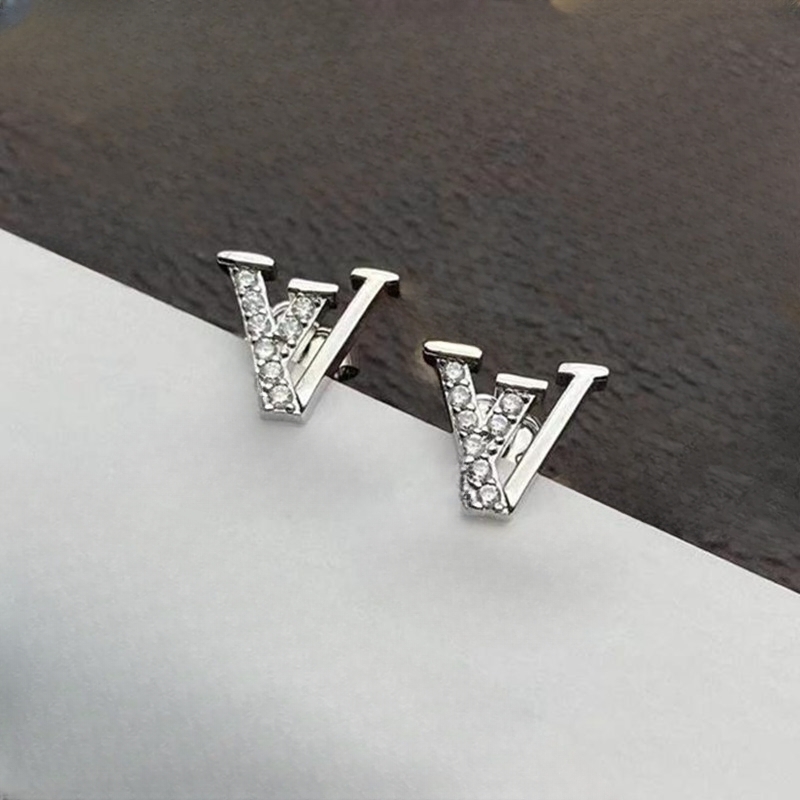 Letter Earring Back Luxury Half Diamond Ear Studs Lucky Clover Style Earrings with Gift Box-image-759647340