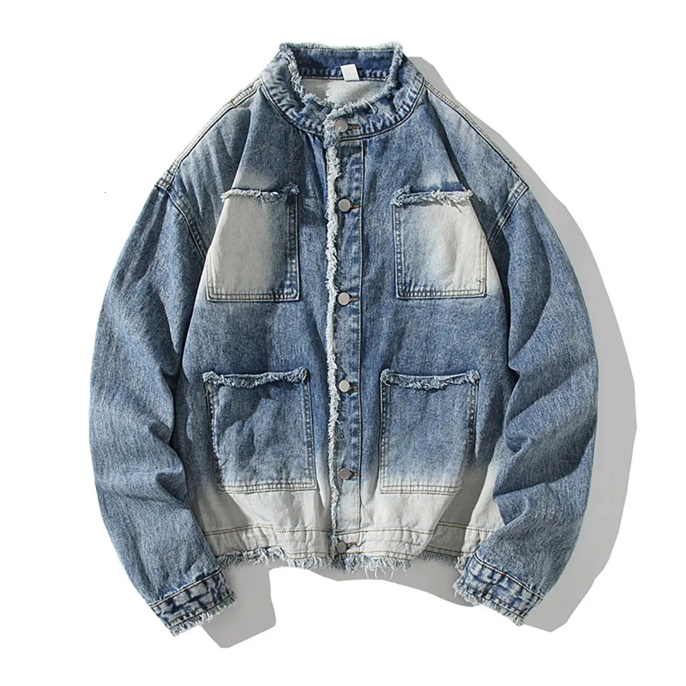 Mens Jackets Frayed Denim Jacket Oversized Jeans Men Autumn Winter Casual Clothes Coats With Breast Pockets Streetwear 231018