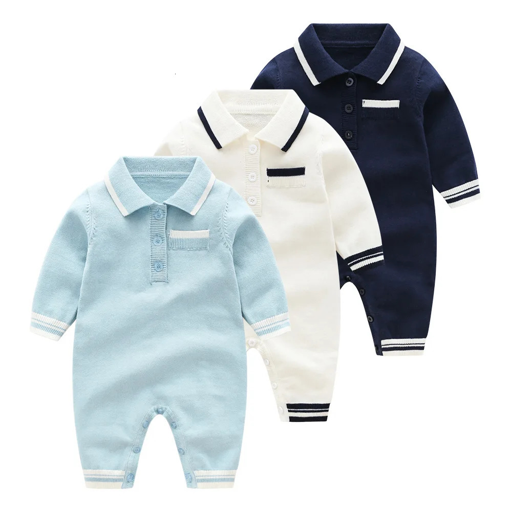 Rompers Autumn Winter Baby Boys Rompers Cotton Knitted Turndown Collar Long Sleeve Infant Boys Sweater Onesie born Boys Bodysuit 231019 W251018-image-1080526929