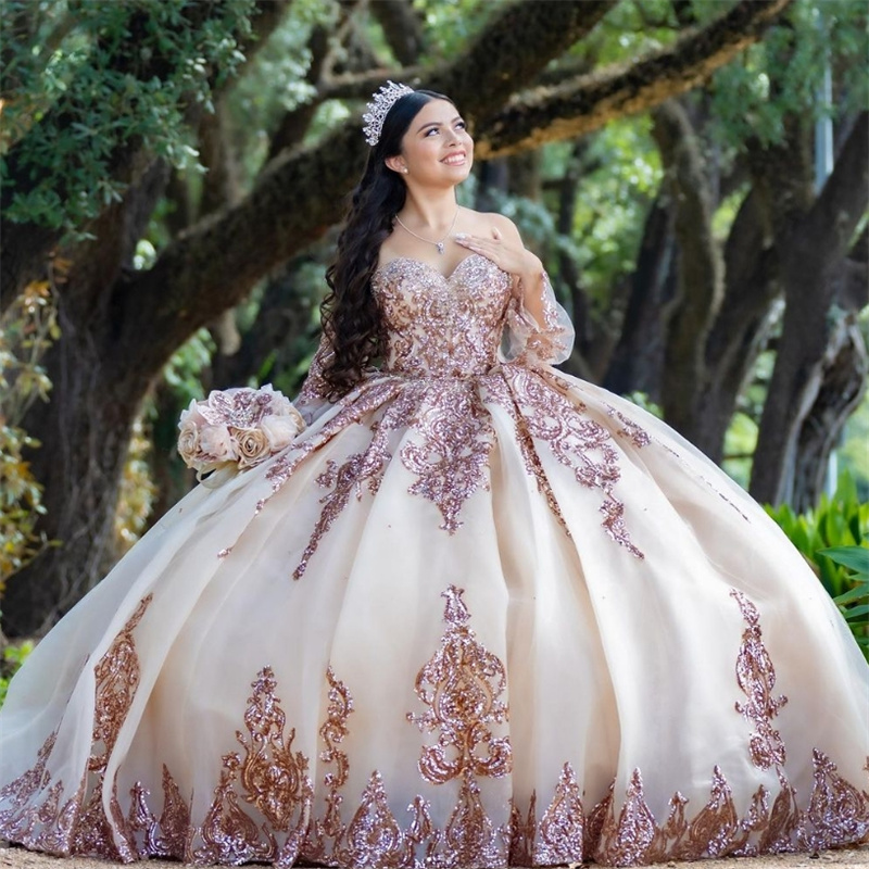 Glitter Sparkle Rose Or Quinceanera Robes 2024 Manches amovibles Princesse Anniversaire Doux 16 Robe De Soirée De Luxe Corset Puffy Bal Robes De