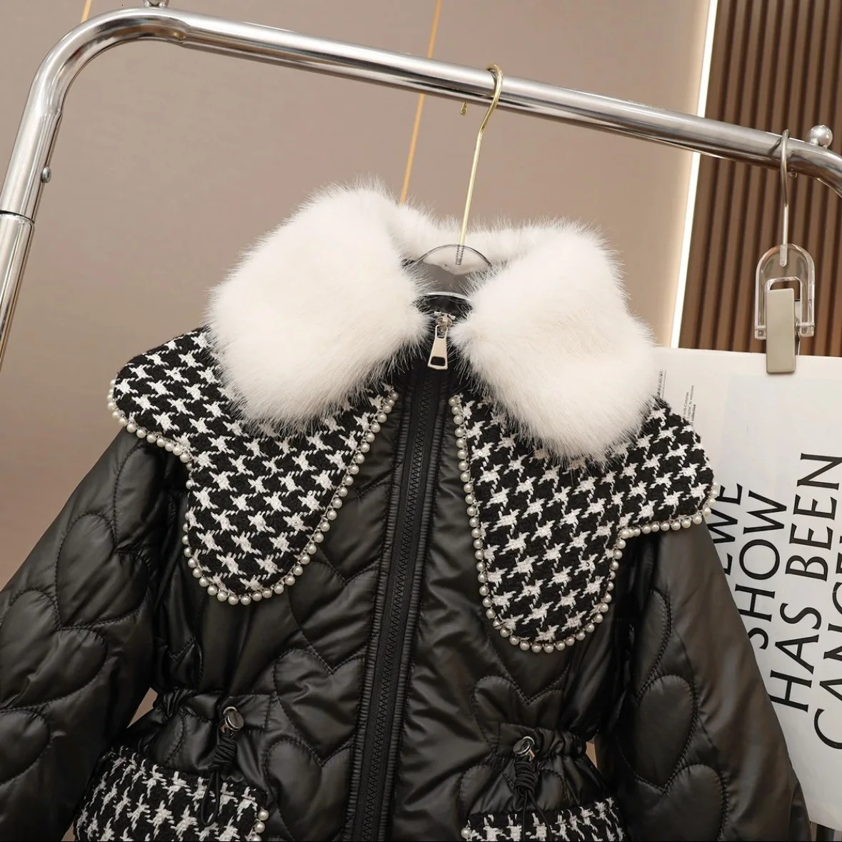 Coat New Winter Down Cotton Jacket Girls Mid Length Faux Fur Collar Parka Children Checkboard Fashion Clothes XMP 2a5f-image-1059751694