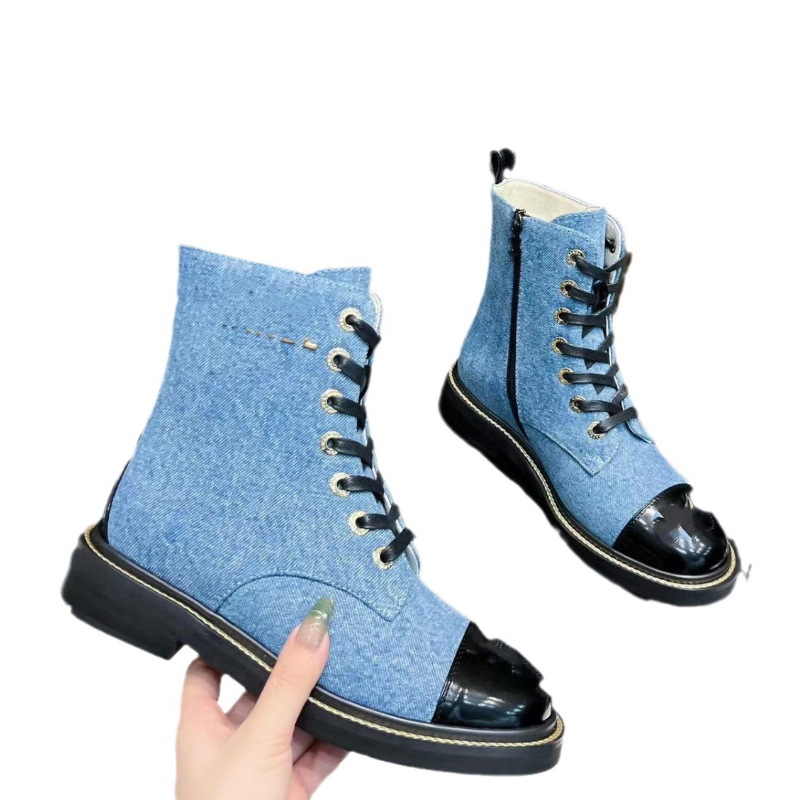 Luxury Martin Boots Denim Blue Genuine Leather Diamond Patterned Chunky Heels Short Boots-image-913666607