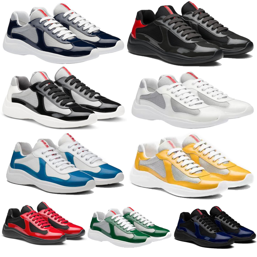 Chaussures de créateur de luxe hommes Americas Cup baskets en cuir formateur brevet plat noir bleu maille Nylon chaussures décontractées avec boî