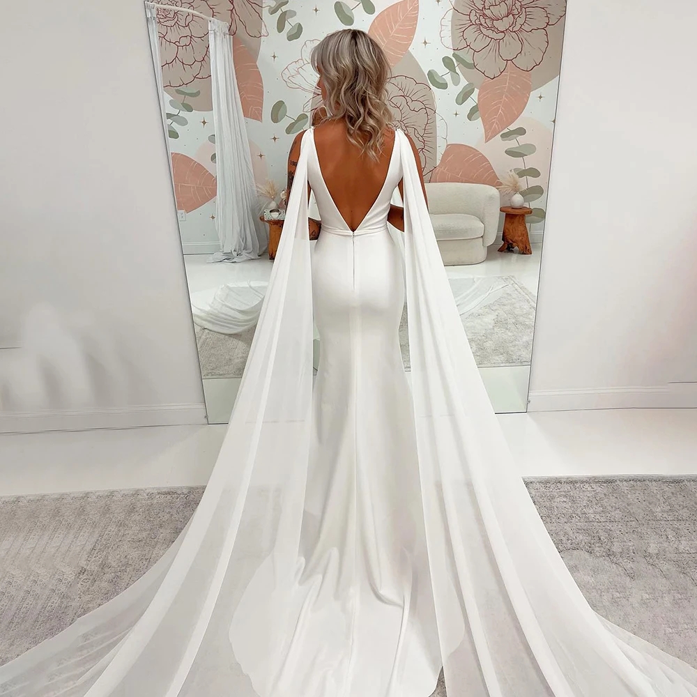 Robe de mariée en crêpe à col en V 2024 ailes d'épaule en mousseline de soie détachables ceinture sur mesure simple col en V dos nu robes de mari