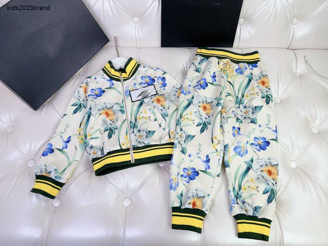 New Sports suit for baby kids Tracksuits Size 110-160 Flower full print stand collar zippered jacket and pants Oct20-image-913899120