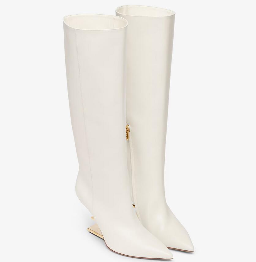 Winter Luxury First half Boots Women Nappa Leather Round toe interior side zipper head gold diagonal F shape stereo heel Luxury Fashion-image-913916723