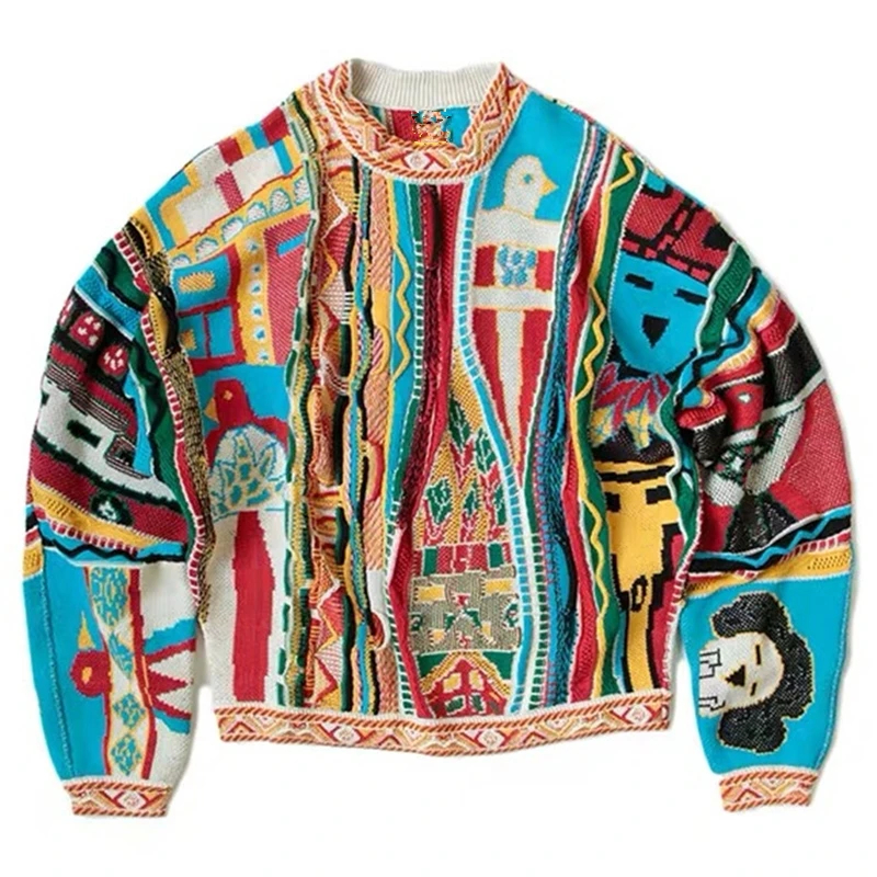 Vintage Knitted Men Sweater Green Printed Crew Neck Loose Casual Thickened Pullover Sweaters-image-914336552