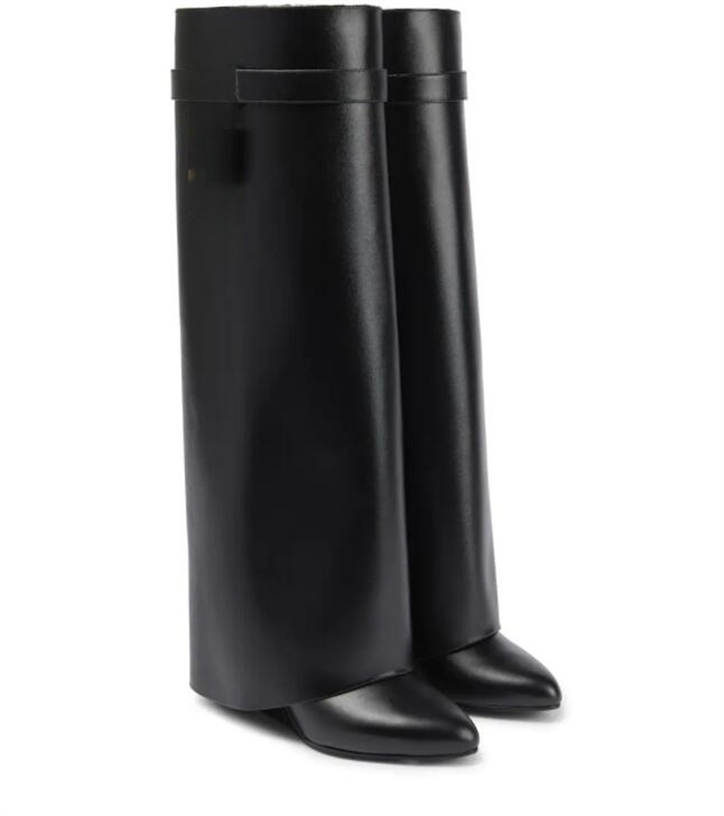 Bottes Lock Decor en cuir véritable, talon haut pliable, chaussure au genou, Design de luxe